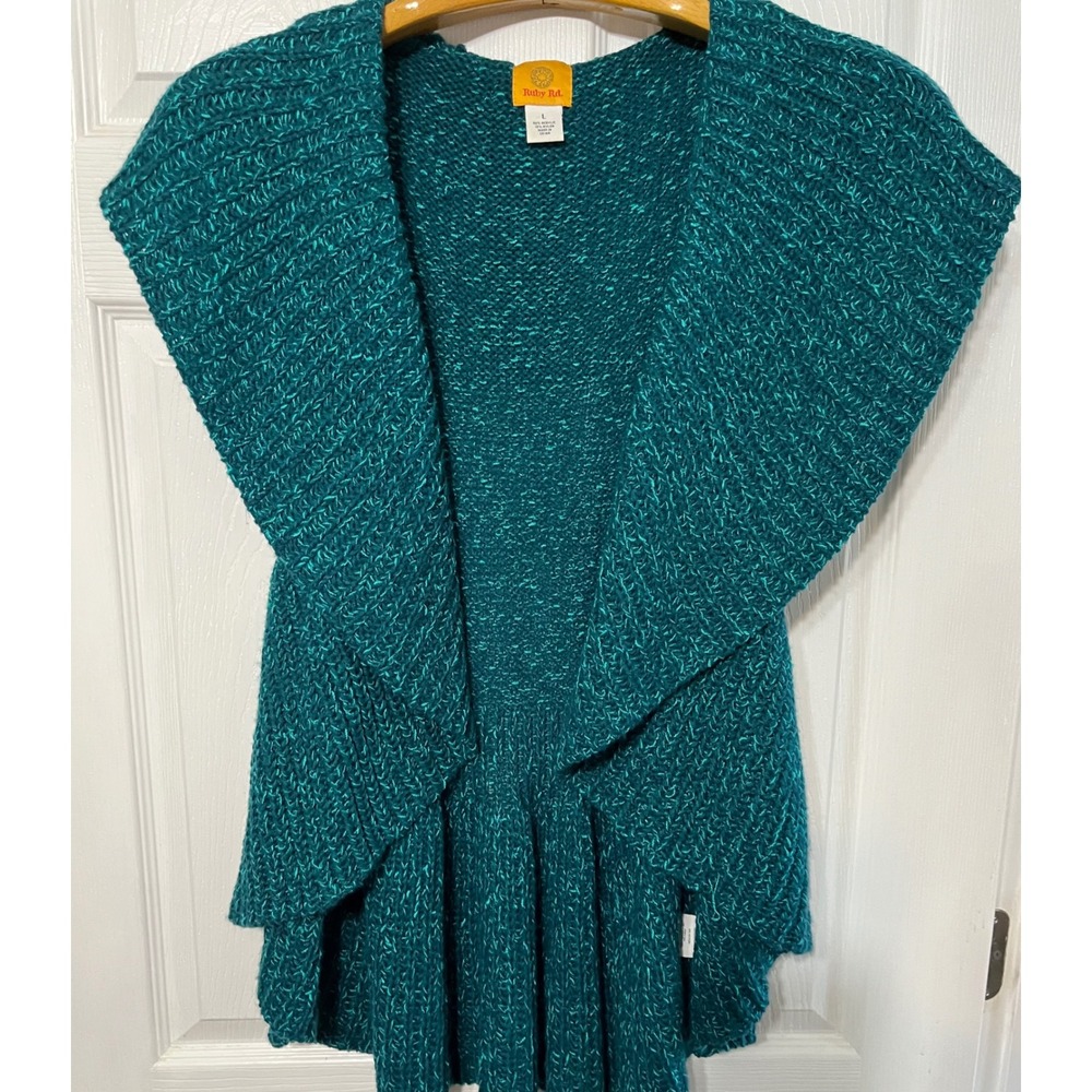 Ruby Rd. Teal Green Knit Open Front Sleeveless Cardigan‎ Size Large